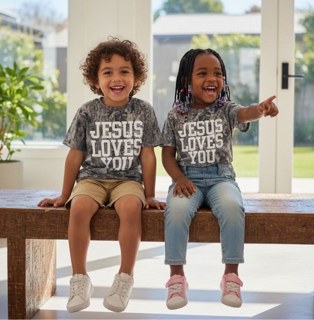 KIDS OVERSIZED TEE- CAMO JESUS LOVES YOU